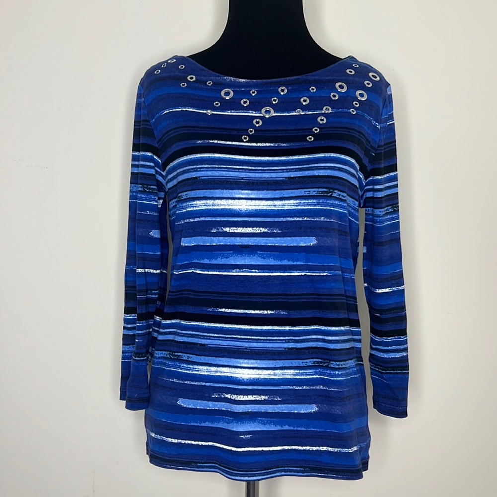 RAFAELLA Blue Print Elbow Length Sleeves Top S